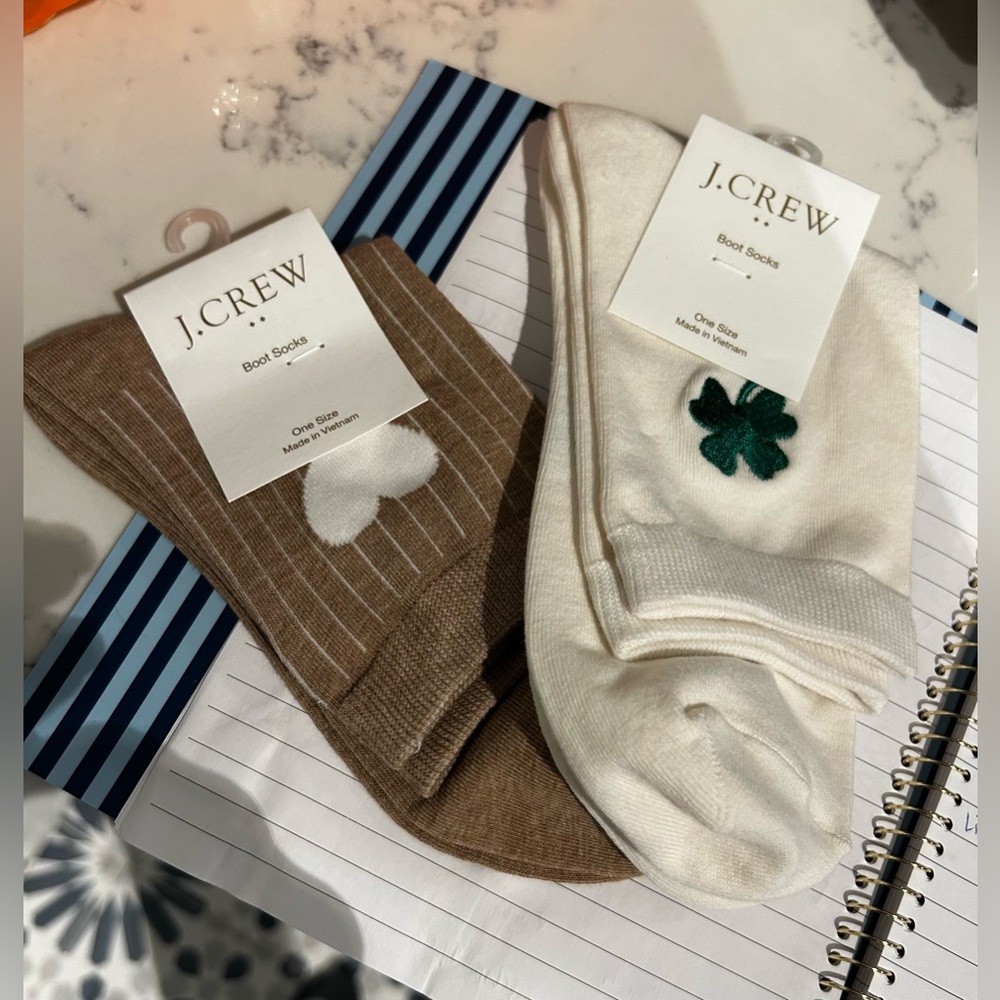 J. Crew NWT 2FER Holiday Boot Sock Bundle. 1x Hearts. 1x Clovers. Embroidered.